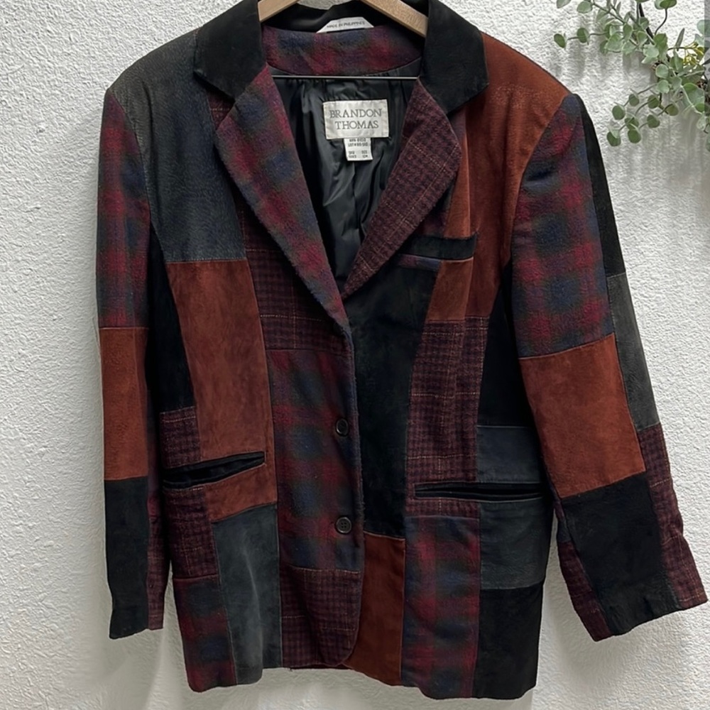 Vintage Patchwork Leather Jacket Color Block 70s Blazer Jacket Unisex Size Large